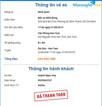 Ảnh Nhượng 2 vé xe TpHCM- KonTum (17h45 31/08/2019)