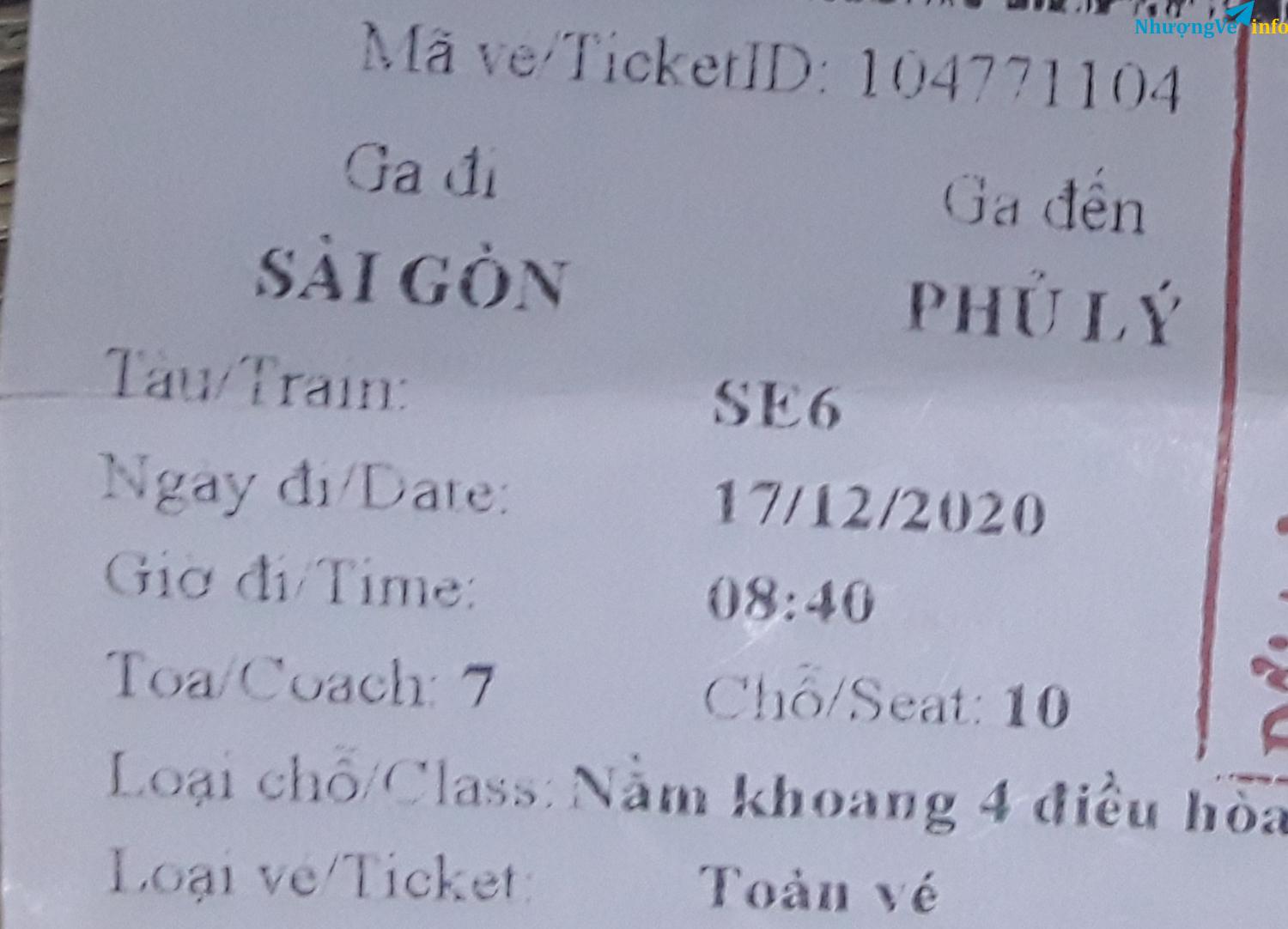 Ảnh Nhượng vé tàu Sài Gòn đi Phủ Lý