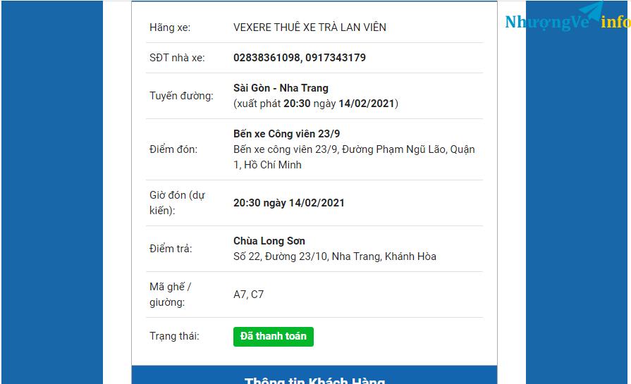 Ảnh 2 vé xe SG - Nha Trang đi từ 14/02 - 28/02 ngày nào cũng được