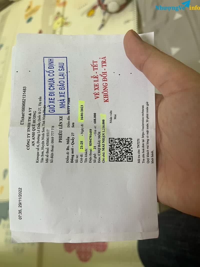 Ảnh Cần bán lại vé xe giuong vip ninh son