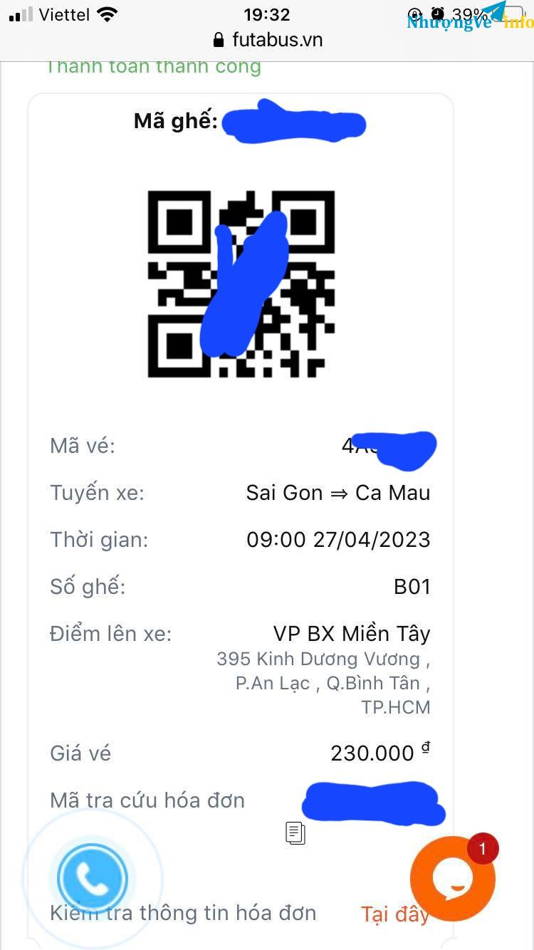 Ảnh Vé xe Phương Trang SG-Cà Mau