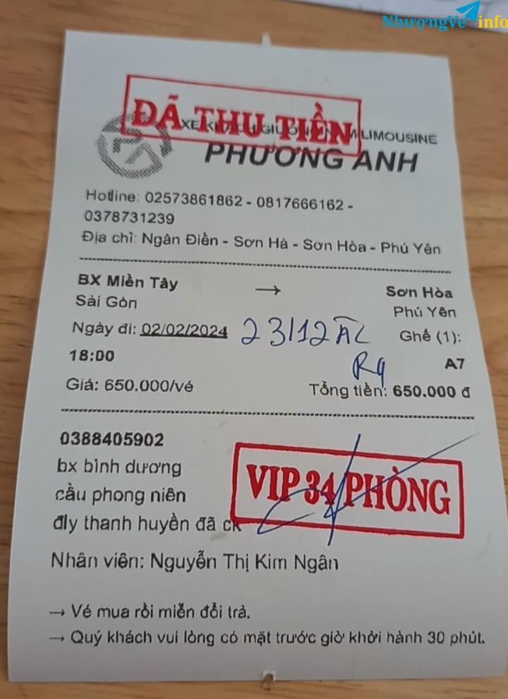 Ảnh Nhượng lại vé xe VIP Phương Anh tuyến Sài Gòn về Phú Yên
