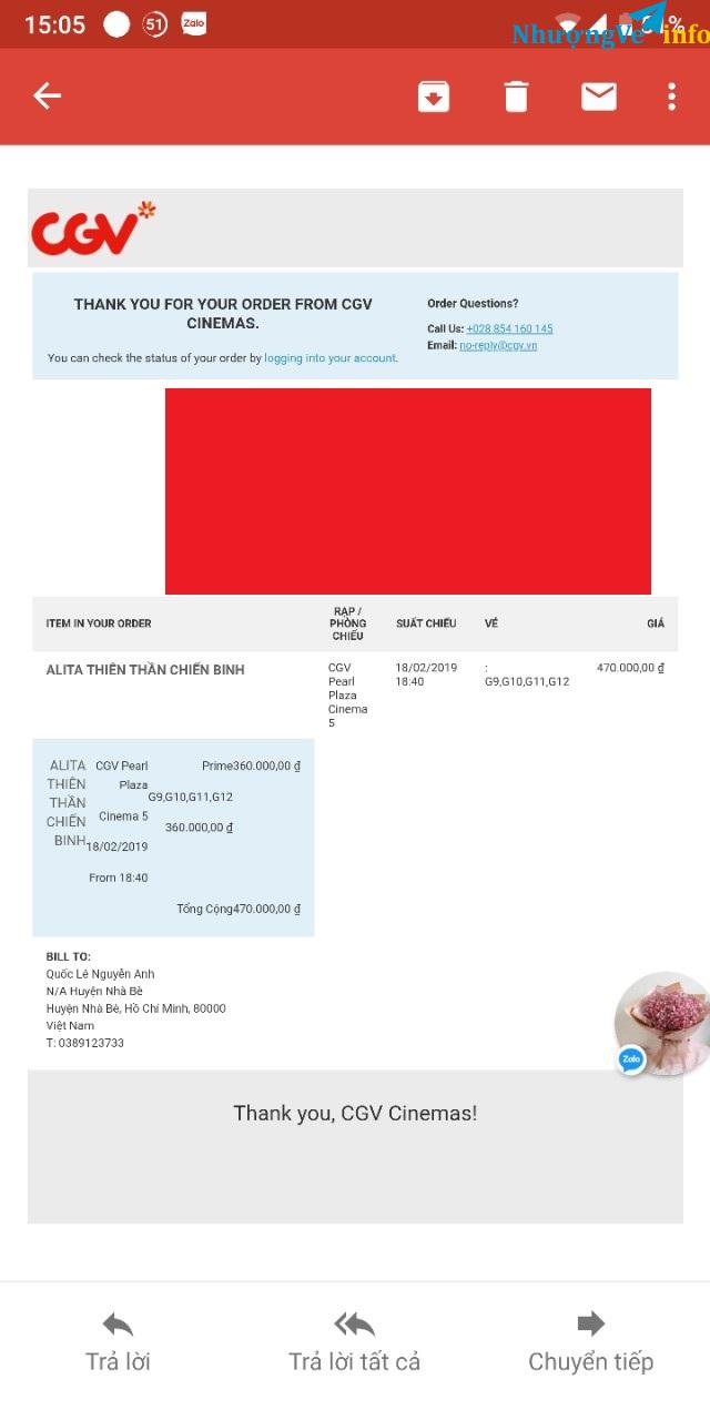 Ảnh GẤP!!! NHƯỢNG LẠI VÉ XEM PHIM Alita CGV PEARL PLAZA 4 VÉ G9 ĐẾN 12, COMBO 4 NƯỚC 2 BẮP