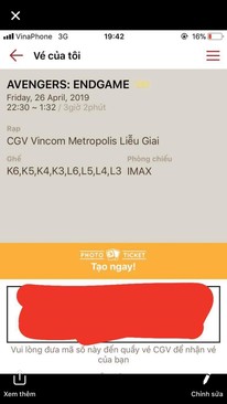 Ảnh nhượng lại 2 cặp vé avneger Endgames imax metropolis Ngày 26-04 lúc 22h30, bán đúng giá đã mua
