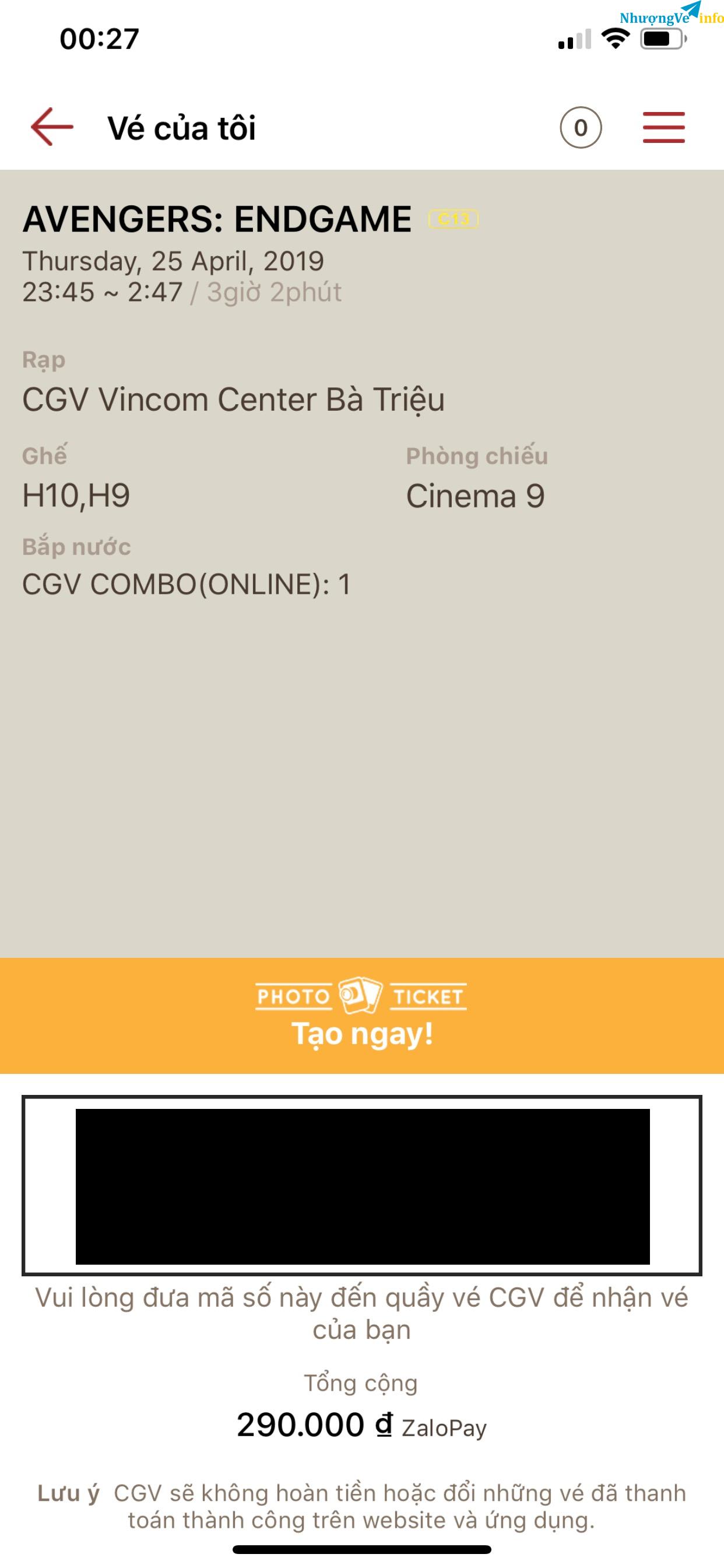 Ảnh Pass 2 vé 2D suất chiếu sớm Avengers ENDGAME CGV Bà Triệu + combo bỏng nước