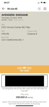 Ảnh Pass 2 vé 2D Avengers ENDGAME CGV Bà Triệu + combo bòng nước