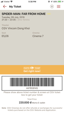 Ảnh 2 vé Spiderman E5-6 CGV Đồng Khởi chủ nhật ngày 14/7/2019 giá 130k