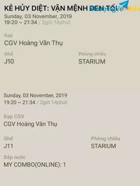 Ảnh Cần nhượng lại 2 vé KẺ HỦY DIỆT NGÀY 3/11 19h20 CGV Hoàng Văn Thụ
