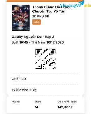 Ảnh Vé xem Thanh gươm diệt quỷ galaxy Nguyễn Du kèm bắp nước 1 người