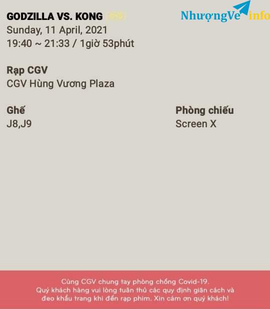 Ảnh PASS Vé xem phim Godzilla đại chiến Kong suất 19h40 ngày 11/4/2021 CGV Hùng Vương Plaza