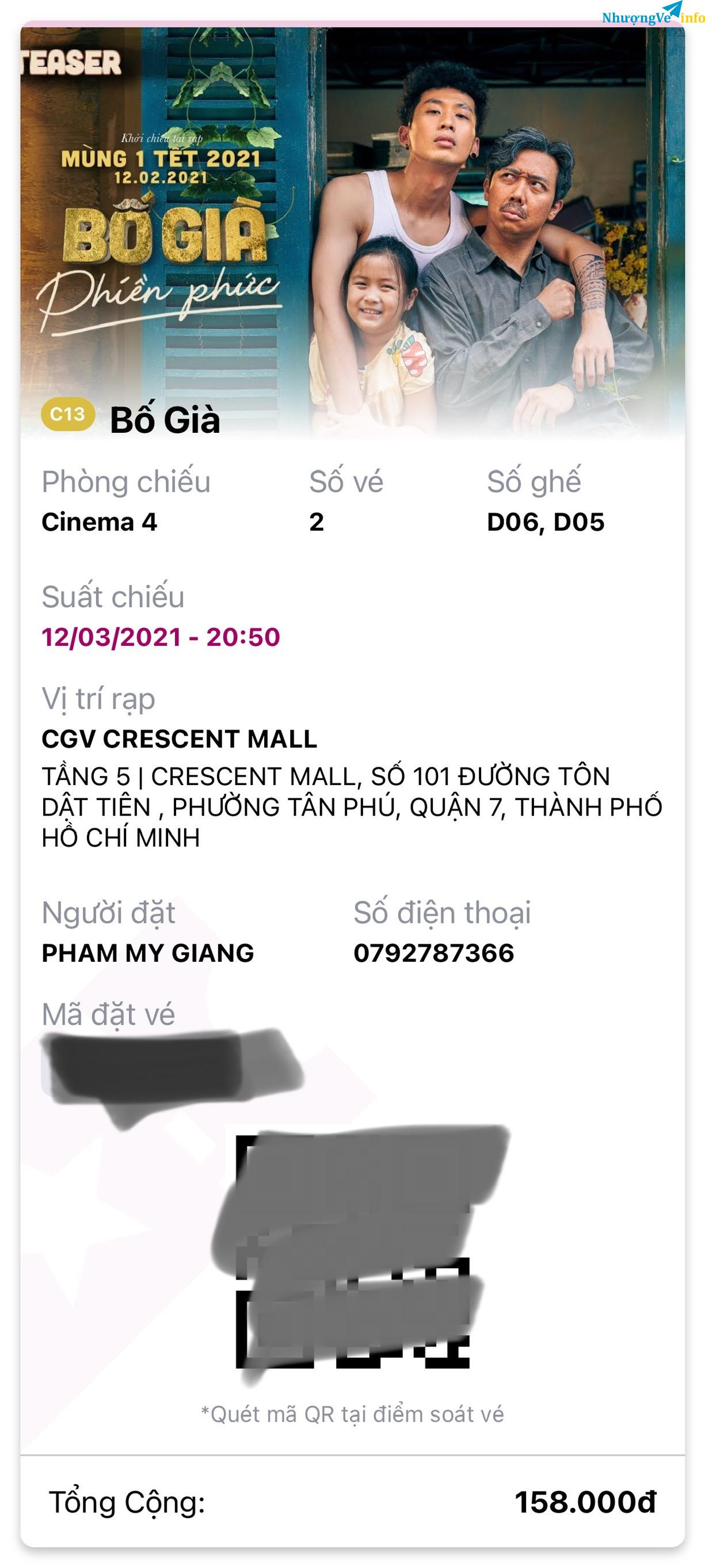 Ảnh Pass 2 vé BỐ GIÀ suất 21h00 thứ 6 12/03/2021 CGV Crescent Mall Q7