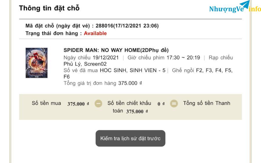 Ảnh Nhện nhọ - Lotte Phủ lý - 5 vé
