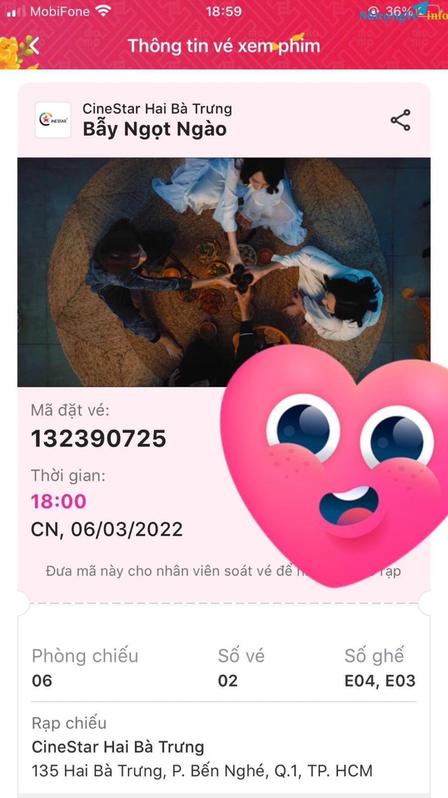 Ảnh Mình cần pass 2 vé xem phim Bẫy ngọt ngào vào lúc 18h ngày 6/3/2022.