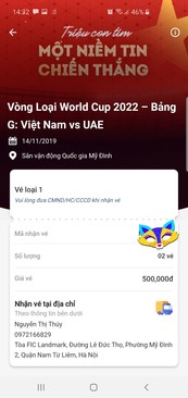 Ảnh 2 cặp Vé trận VN - UAE 14/11: loại 1 - 4,5tr/ cặp; loại 3: 2,5tr/cặp