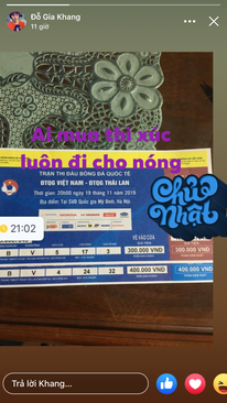 Ảnh Thừa 2 vé lẻ trận Việt nam-thái lan !!khán đài b tầng 5 cửa 4 và 5