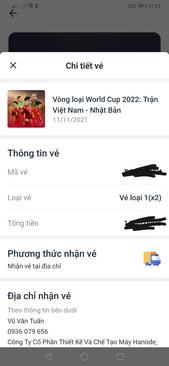 Ảnh Cặp vé trận Việt Nam - Nhật Bản. Vé loại 1