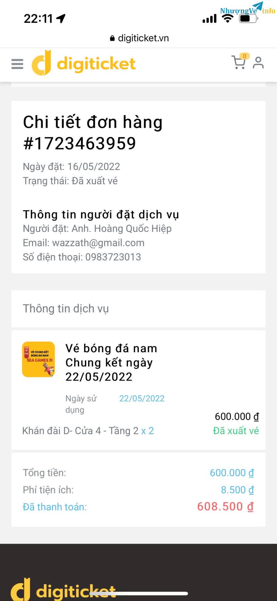 Ảnh 1 cặp vé chung kết Sea Games khán đài D