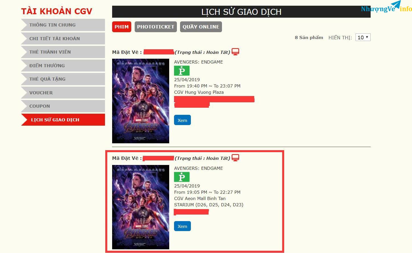 Ảnh chuyển nhượng 4 vé xe phim Avenger EndGame 25/4/2018 Aomall