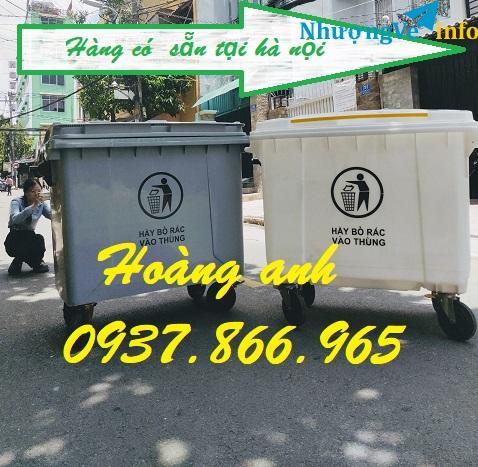 Ảnh Thùng rác nhựa 600l màu xanh có bánh xe, thùng rom rác thải chung cư, thùng rác công nghiệp gom số lượng lớn